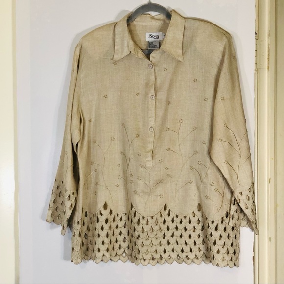 Tops - J Song Collection Tunic Top Women’s Size 18 100% Linen Tan Khaki Embroidered